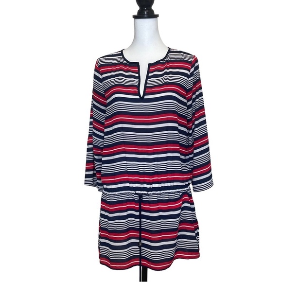 Michael Kors Red White and Blue Tunic Top 3/4 Sleeves Sheer Waist Tie - Picture 4 of 8